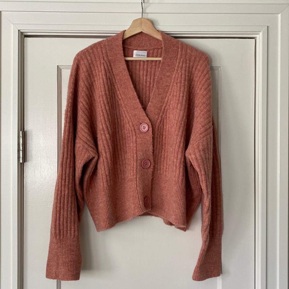 Anine Bing Rust Pink Ribbed Wool-Blend Button Cardigan